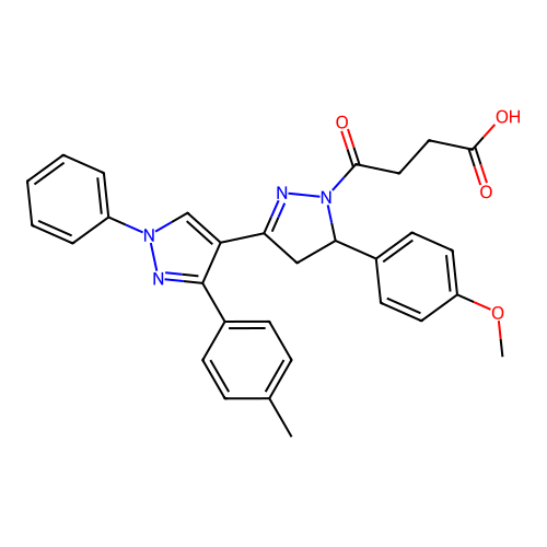 4-(5-(4-methoxyphenyl)-1'-phenyl-3'-(p-tolyl)-4,5-dihydro-1H,1'H-[3,4'-bipyrazol]-1-yl)-4-oxobutanoic acid structure