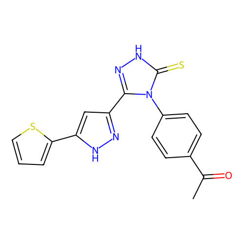 1-(4-(3-mercapto-5-(3-(thiophen-2-yl)-1H-pyrazol-5-yl)-4H-1,2,4-triazol-4-yl)phenyl)ethanone structure