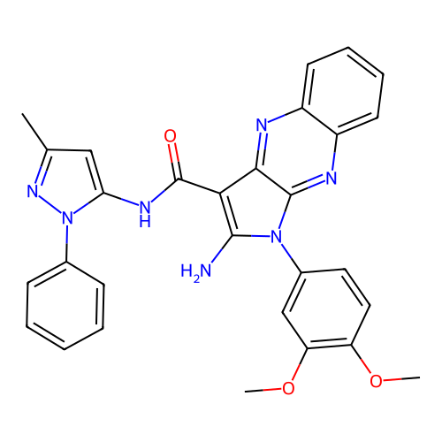 2-amino-1-(3,4-dimethoxyphenyl)-N-(3-methyl-1-phenyl-1H-pyrazol-5-yl)-1H-pyrrolo[2,3-b]quinoxaline-3-carboxamide structure