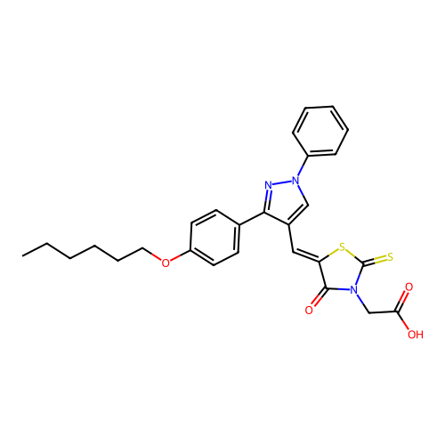 2-(5-((3-(4-(Hexyloxy)phenyl)-1-phenyl-1H-pyrazol-4-yl)methylene)-4-oxo-2-thioxothiazolidin-3-yl)acetic acid structure