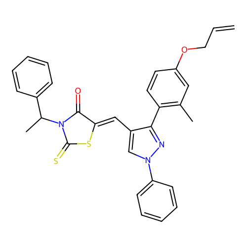 (5Z)-5-({3-[2-methyl-4-(prop-2-en-1-yloxy)phenyl]-1-phenyl-1H-pyrazol-4-yl}methylidene)-3-(1-phenylethyl)-2-thioxo-1,3-thiazolidin-4-one structure