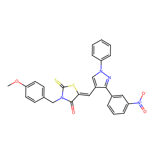 (5Z)-3-(4-methoxybenzyl)-5-{[3-(3-nitrophenyl)-1-phenyl-1H-pyrazol-4-yl]methylidene}-2-thioxo-1,3-thiazolidin-4-one structure