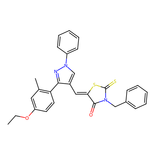 (5Z)-3-benzyl-5-{[3-(4-ethoxy-2-methylphenyl)-1-phenyl-1H-pyrazol-4-yl]methylidene}-2-thioxo-1,3-thiazolidin-4-one structure