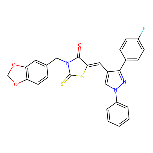 (5Z)-3-(1,3-benzodioxol-5-ylmethyl)-5-{[3-(4-fluorophenyl)-1-phenyl-1H-pyrazol-4-yl]methylidene}-2-thioxo-1,3-thiazolidin-4-one structure