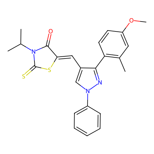 (5Z)-5-{[3-(4-methoxy-2-methylphenyl)-1-phenyl-1H-pyrazol-4-yl]methylidene}-3-(propan-2-yl)-2-thioxo-1,3-thiazolidin-4-one structure