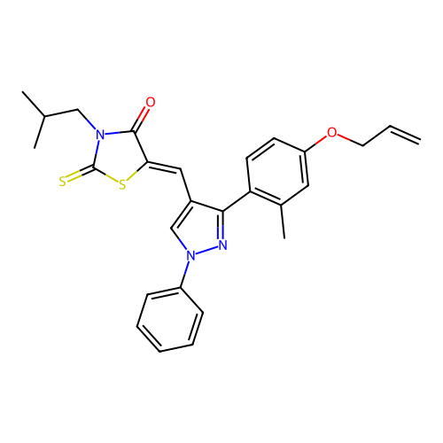 (5Z)-5-({3-[2-methyl-4-(prop-2-en-1-yloxy)phenyl]-1-phenyl-1H-pyrazol-4-yl}methylidene)-3-(2-methylpropyl)-2-thioxo-1,3-thiazolidin-4-one structure