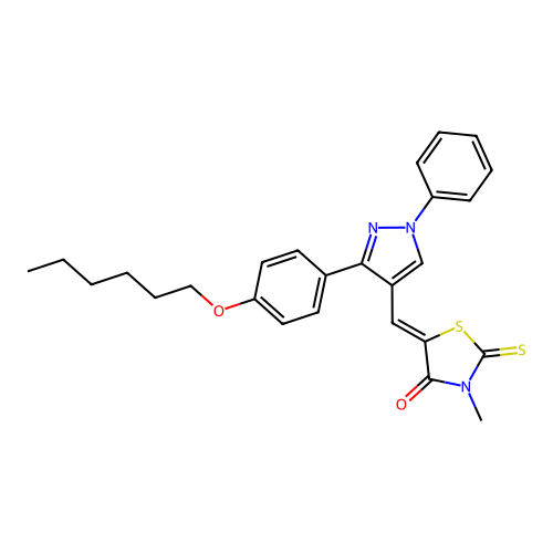 (5Z)-5-({3-[4-(hexyloxy)phenyl]-1-phenyl-1H-pyrazol-4-yl}methylidene)-3-methyl-2-thioxo-1,3-thiazolidin-4-one structure