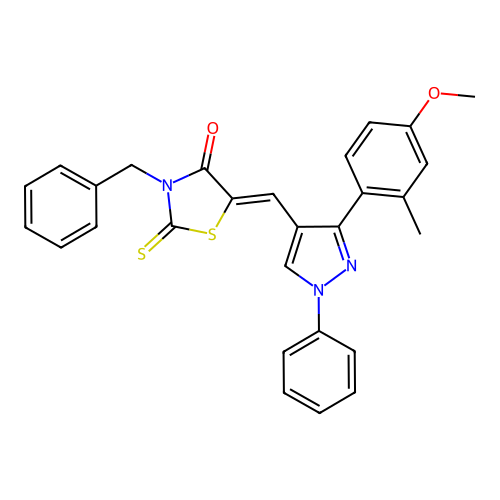 (5Z)-3-benzyl-5-{[3-(4-methoxy-2-methylphenyl)-1-phenyl-1H-pyrazol-4-yl]methylidene}-2-thioxo-1,3-thiazolidin-4-one structure