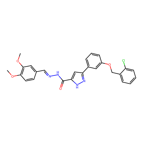 (E)-3-(3-((2-chlorobenzyl)oxy)phenyl)-N'-(3,4-dimethoxybenzylidene)-1H-pyrazole-5-carbohydrazide structure