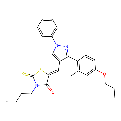 (5Z)-3-butyl-5-{[3-(2-methyl-4-propoxyphenyl)-1-phenyl-1H-pyrazol-4-yl]methylidene}-2-thioxo-1,3-thiazolidin-4-one structure