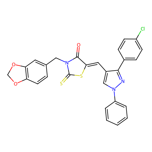 (5Z)-3-(1,3-benzodioxol-5-ylmethyl)-5-{[3-(4-chlorophenyl)-1-phenyl-1H-pyrazol-4-yl]methylidene}-2-thioxo-1,3-thiazolidin-4-one structure