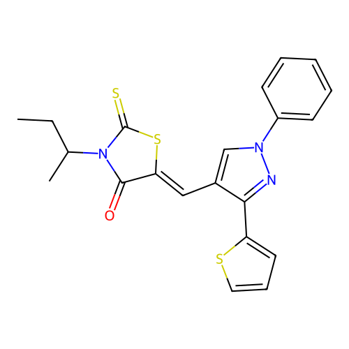 (5Z)-3-butan-2-yl-5-[(1-phenyl-3-thiophen-2-ylpyrazol-4-yl)methylidene]-2-sulfanylidene-1,3-thiazolidin-4-one structure