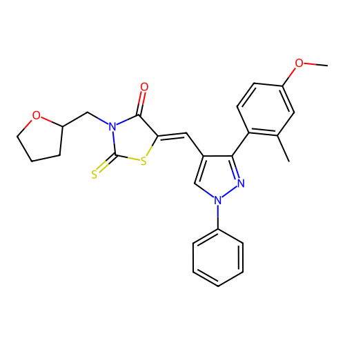(5Z)-5-{[3-(4-methoxy-2-methylphenyl)-1-phenyl-1H-pyrazol-4-yl]methylidene}-3-(tetrahydrofuran-2-ylmethyl)-2-thioxo-1,3-thiazolidin-4-one structure