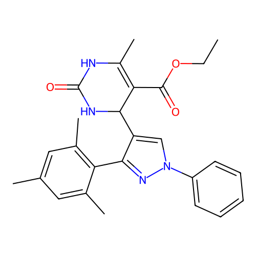 ethyl 6-methyl-2-oxo-4-[1-phenyl-3-(2,4,6-trimethylphenyl)-1H-pyrazol-4-yl]-1,2,3,4-tetrahydropyrimidine-5-carboxylate structure