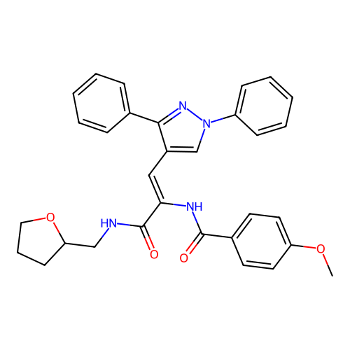 N-{(1Z)-1-(1,3-diphenyl-1H-pyrazol-4-yl)-3-oxo-3-[(tetrahydrofuran-2-ylmethyl)amino]prop-1-en-2-yl}-4-methoxybenzamide structure