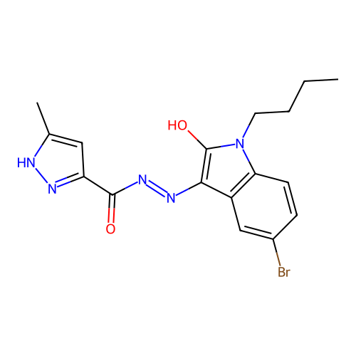 (E)-N'-(5-bromo-1-butyl-2-oxoindolin-3-ylidene)-3-methyl-1H-pyrazole-5-carbohydrazide structure