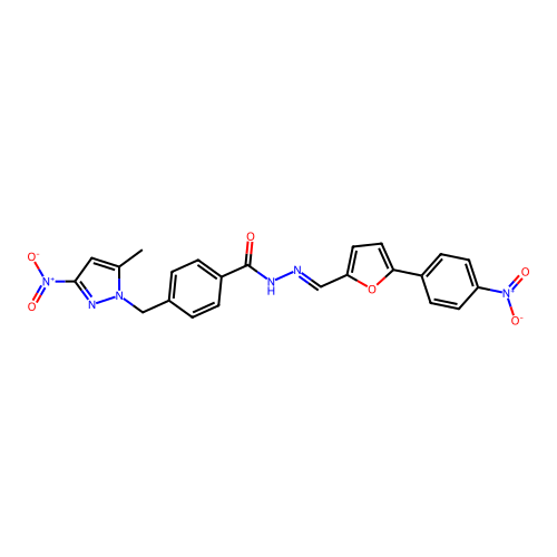 (E)-4-((5-methyl-3-nitro-1H-pyrazol-1-yl)methyl)-N'-((5-(4-nitrophenyl)furan-2-yl)methylene)benzohydrazide structure