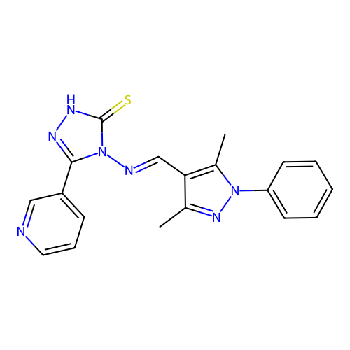(E)-4-(((3,5-dimethyl-1-phenyl-1H-pyrazol-4-yl)methylene)amino)-5-(pyridin-3-yl)-4H-1,2,4-triazole-3-thiol structure