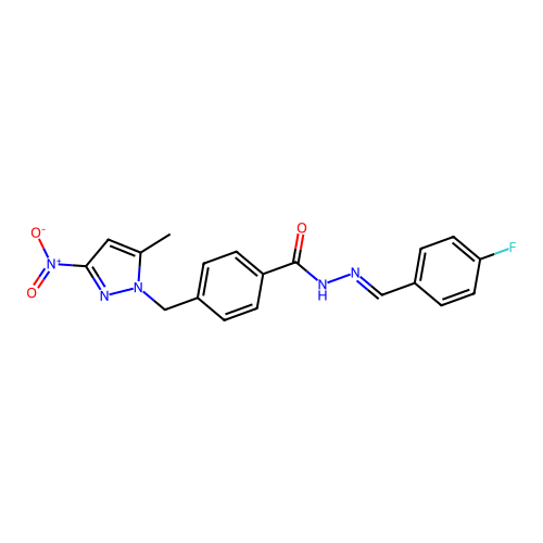 (E)-N'-(4-fluorobenzylidene)-4-((5-methyl-3-nitro-1H-pyrazol-1-yl)methyl)benzohydrazide structure