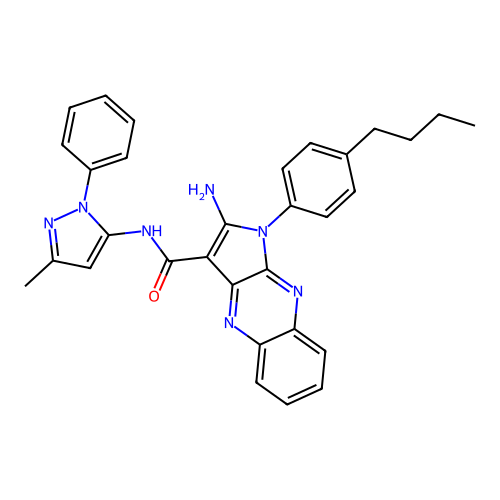 2-amino-1-(4-butylphenyl)-N-(3-methyl-1-phenyl-1H-pyrazol-5-yl)-1H-pyrrolo[2,3-b]quinoxaline-3-carboxamide structure