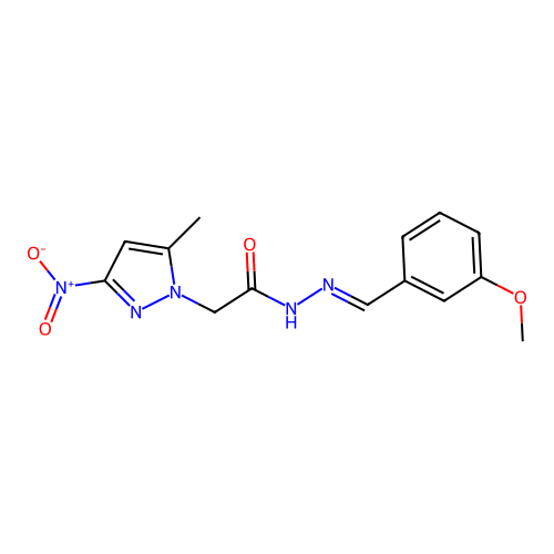 N-[(E)-(3-methoxyphenyl)methylideneamino]-2-(5-methyl-3-nitropyrazol-1-yl)acetamide structure