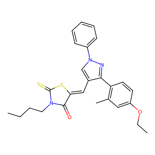 (5Z)-3-butyl-5-{[3-(4-ethoxy-2-methylphenyl)-1-phenyl-1H-pyrazol-4-yl]methylene}-2-thioxo-1,3-thiazolidin-4-one structure