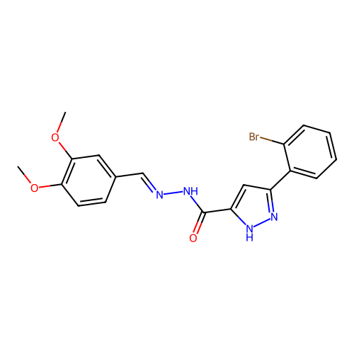 (E)-3-(2-bromophenyl)-N'-(3,4-dimethoxybenzylidene)-1H-pyrazole-5-carbohydrazide structure