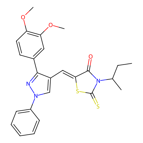 (5Z)-3-(butan-2-yl)-5-{[3-(3,4-dimethoxyphenyl)-1-phenyl-1H-pyrazol-4-yl]methylidene}-2-thioxo-1,3-thiazolidin-4-one structure