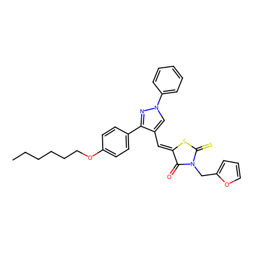 (5Z)-3-(furan-2-ylmethyl)-5-({3-[4-(hexyloxy)phenyl]-1-phenyl-1H-pyrazol-4-yl}methylidene)-2-thioxo-1,3-thiazolidin-4-one structure