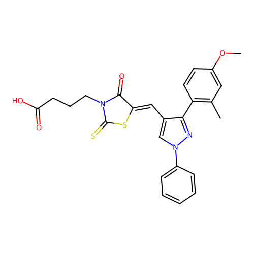 4-[(5Z)-5-{[3-(4-methoxy-2-methylphenyl)-1-phenyl-1H-pyrazol-4-yl]methylidene}-4-oxo-2-thioxo-1,3-thiazolidin-3-yl]butanoic acid structure