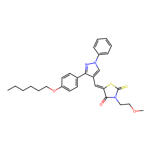 (5Z)-5-({3-[4-(hexyloxy)phenyl]-1-phenyl-1H-pyrazol-4-yl}methylidene)-3-(2-methoxyethyl)-2-thioxo-1,3-thiazolidin-4-one structure