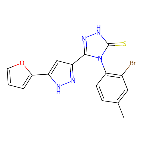 4-(2-bromo-4-methylphenyl)-3-[5-(2-furanyl)-1H-pyrazol-3-yl]-1H-1,2,4-triazole-5-thione structure