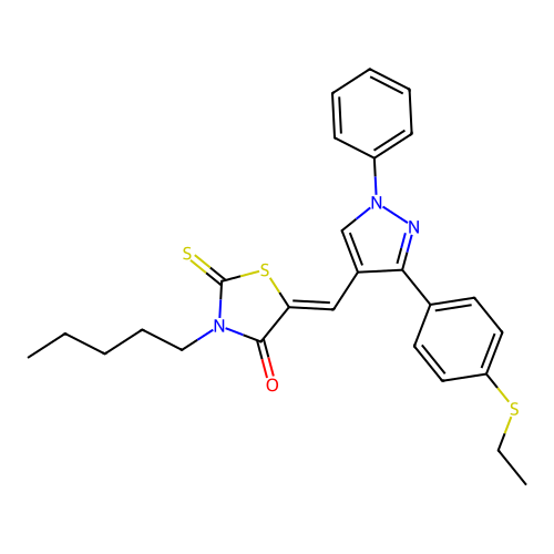 (5Z)-5-({3-[4-(ethylsulfanyl)phenyl]-1-phenyl-1H-pyrazol-4-yl}methylidene)-3-pentyl-2-thioxo-1,3-thiazolidin-4-one structure