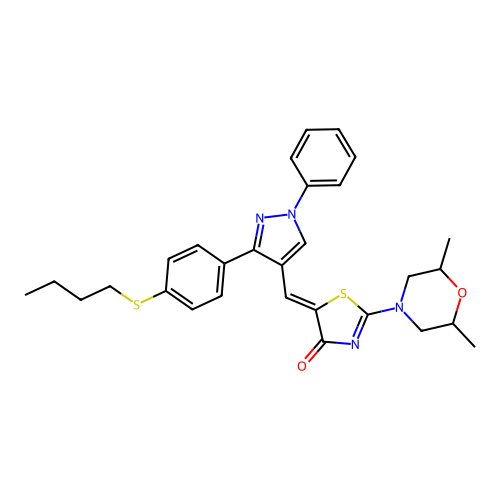 (5Z)-5-({3-[4-(butylsulfanyl)phenyl]-1-phenyl-1H-pyrazol-4-yl}methylidene)-2-(2,6-dimethylmorpholin-4-yl)-1,3-thiazol-4(5H)-one structure