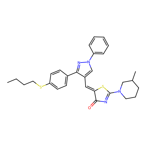 (5Z)-5-({3-[4-(butylsulfanyl)phenyl]-1-phenyl-1H-pyrazol-4-yl}methylidene)-2-(3-methylpiperidin-1-yl)-1,3-thiazol-4(5H)-one structure