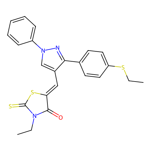 (5Z)-3-ethyl-5-({3-[4-(ethylsulfanyl)phenyl]-1-phenyl-1H-pyrazol-4-yl}methylidene)-2-thioxo-1,3-thiazolidin-4-one structure