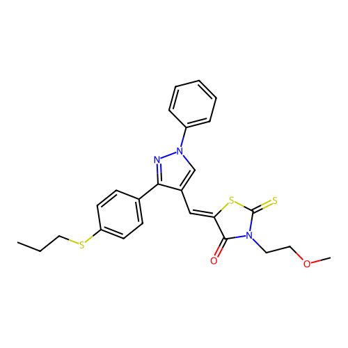 (5Z)-3-(2-methoxyethyl)-5-({1-phenyl-3-[4-(propylsulfanyl)phenyl]-1H-pyrazol-4-yl}methylidene)-2-thioxo-1,3-thiazolidin-4-one structure