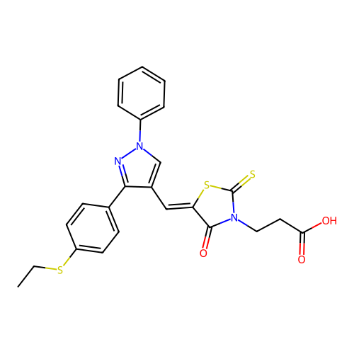 (Z)-3-(5-((3-(4-(ethylthio)phenyl)-1-phenyl-1H-pyrazol-4-yl)methylene)-4-oxo-2-thioxothiazolidin-3-yl)propanoic acid structure