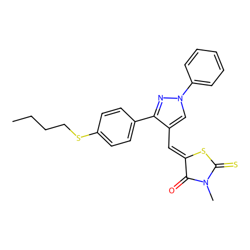 (5Z)-5-({3-[4-(butylsulfanyl)phenyl]-1-phenyl-1H-pyrazol-4-yl}methylidene)-3-methyl-2-thioxo-1,3-thiazolidin-4-one structure