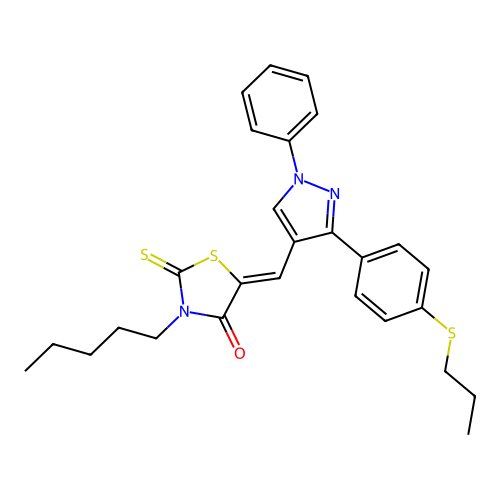 (5Z)-3-pentyl-5-({1-phenyl-3-[4-(propylsulfanyl)phenyl]-1H-pyrazol-4-yl}methylidene)-2-thioxo-1,3-thiazolidin-4-one structure