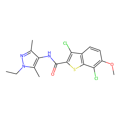 3,7-dichloro-N-(1-ethyl-3,5-dimethylpyrazol-4-yl)-6-methoxy-1-benzothiophene-2-carboxamide structure