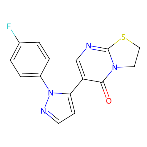 6-[1-(4-fluorophenyl)-1H-pyrazol-5-yl]-2,3-dihydro-5H-[1,3]thiazolo[3,2-a]pyrimidin-5-one structure