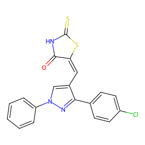 (5E)-5-{[3-(4-chlorophenyl)-1-phenyl-1H-pyrazol-4-yl]methylidene}-2-thioxo-1,3-thiazolidin-4-one structure