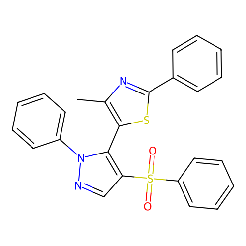 4-methyl-2-phenyl-5-[1-phenyl-4-(phenylsulfonyl)-1H-pyrazol-5-yl]-1,3-thiazole structure