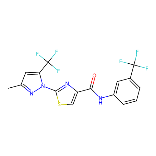 2-[3-methyl-5-(trifluoromethyl)-1H-pyrazol-1-yl]-N-[3-(trifluoromethyl)phenyl]-1,3-thiazole-4-carboxamide structure