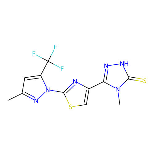 4-methyl-5-{2-[3-methyl-5-(trifluoromethyl)-1H-pyrazol-1-yl]-1,3-thiazol-4-yl}-4H-1,2,4-triazole-3-thiol structure