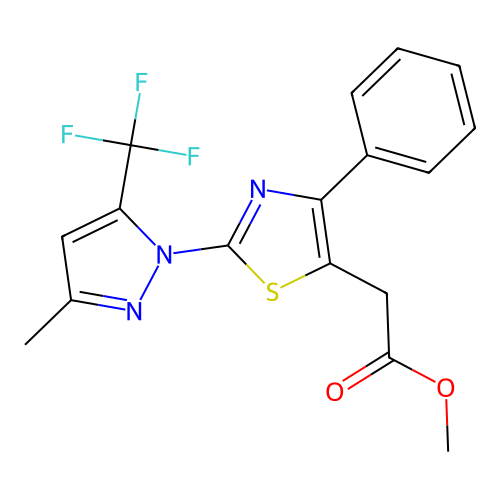 methyl 2-{2-[3-methyl-5-(trifluoromethyl)-1H-pyrazol-1-yl]-4-phenyl-1,3-thiazol-5-yl}acetate structure