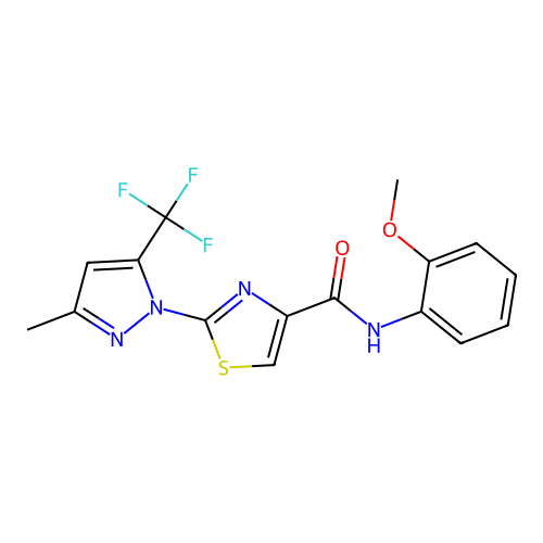 N-(2-methoxyphenyl)-2-[3-methyl-5-(trifluoromethyl)-1H-pyrazol-1-yl]-1,3-thiazole-4-carboxamide structure