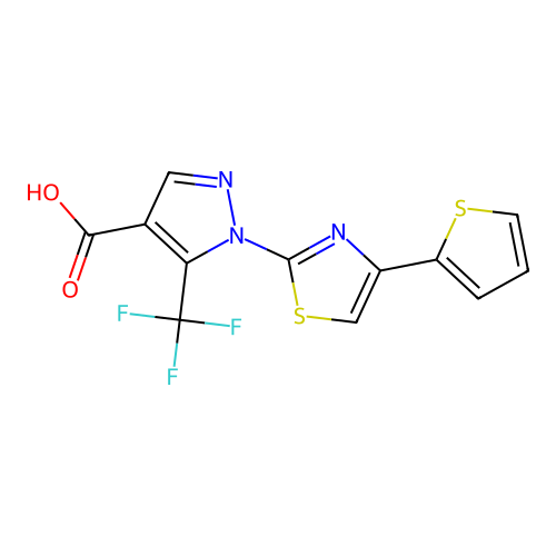 1-[4-(2-thienyl)-1,3-thiazol-2-yl]-5-(trifluoromethyl)-1H-pyrazole-4-carboxylic acid structure