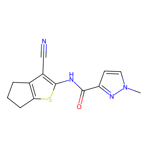 N-(3-cyano-5,6-dihydro-4H-cyclopenta[b]thiophen-2-yl)-1-methyl-1H-pyrazole-3-carboxamide structure